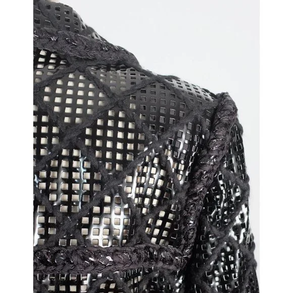 Chanel Brasserie 15K jacket coat 48 / 16 faux leather PVC perforated tweed black